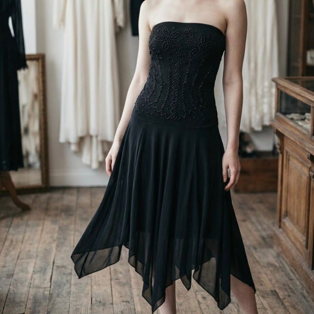 🖤 VINTAGE Whimsigoth Beaded Handkerchief Hem Dress – Y2K Goth fairy core soft g
